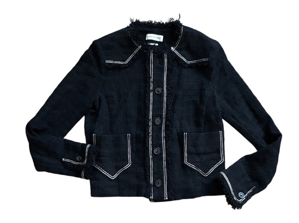 Isabel Marant Etoile Black Tweed Blazer Jacket Size 40 Fringe Trim Cropped Yoke